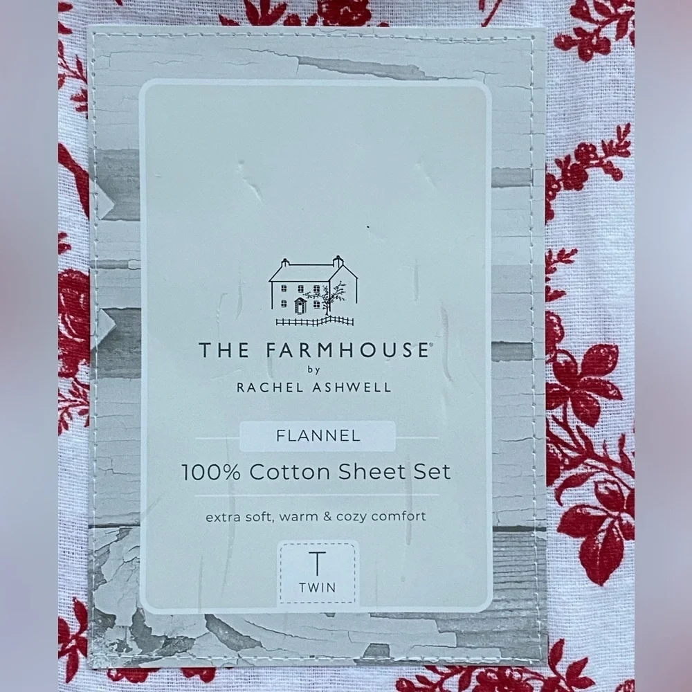 The Farmhouse Rachel Ashwell Red White Floral Flannel Cotton TWIN Sheet Set 3pc